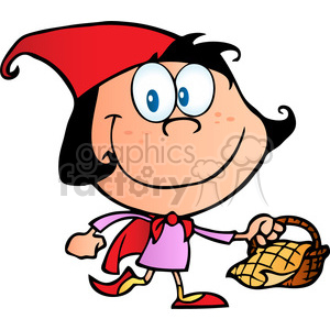 A comical and silly cartoon drawing of Little Red Riding Hood with a big smile, wearing a red hood and cape, and carrying a basket.