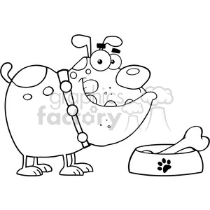   This clipart image features a whimsically drawn dog standing next to a dog dish that contains a large bone. The dog appears to be smiling or panting and has a comical expression with bulging, crossed eyes, and a large hanging tongue. It