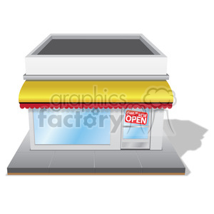   The image displays a clipart of a vintage retro-style storefront or store building. The store features a large window, a door with a Come in WE