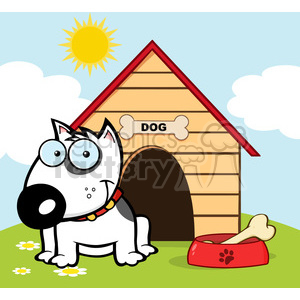 This clipart image features a cute cartoon dog sitting outside beside its doghouse. The doghouse is wooden with a red roof and has a bone-shaped nameplate with the word DOG on it. In the background, there's a sunny sky with some clouds. In the foreground, there is a red dish with a paw print on it and a large bone next to it. The ground has some grass with a few small flowers, suggesting this is a backyard setting.