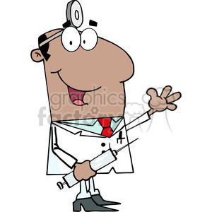 Cartoon doctor holding a large syringe, wearing a head mirror and a white coat with a red tie.