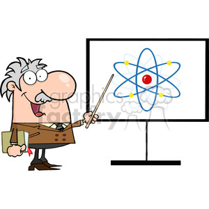 128312 RF Clipart Illustration Professor Pointing To An Atom Sign