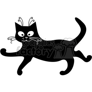The clipart image shows a stylized illustration of a black cat. It has prominent white eyes and decorative whiskers, and its body and tail are outlined in white, giving a playful and whimsical appearance.