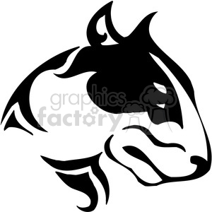 This image is a black and white silhouette of a dog that resembles a bull terrier or pit bull. It is a stylized outline that might be used for vinyl decals, tattoos, or other graphic design purposes. It has a tribal or artistic look, composed of bold curves and points.