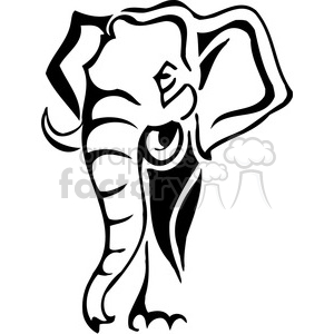 The image depicts a stylized outline of an elephant. The design is simple and bold, suitable for uses like vinyl decals or as a tattoo template. It features the characteristic large ears, long trunk, and tusks of an elephant in a striking, high-contrast black and white design, with a style that emphasizes the contours and shapes of the elephant's body.