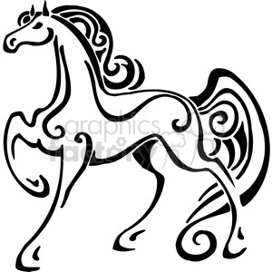 This image shows a stylized outline of a horse with decorative elements that give it the appearance of a tribal tattoo design. The horse is depicted in a dynamic pose that suggests movement and grace.