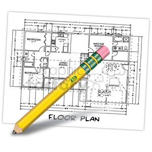 Clipart image depicting a floor plan with a large yellow pencil on top. The floor plan includes various rooms labeled such as bedroom, kitchen, living room, master room, and garage.