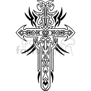 A detailed tribal-style cross design suitable for tattoos or religious art, featuring intricate patterns and bold lines.