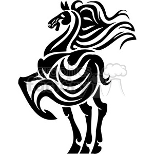 A black and white vector illustration of a stylized horse in motion.