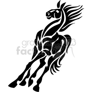 A dynamic black silhouette of a rearing horse with flowing mane drawn in a tribal tattoo style.