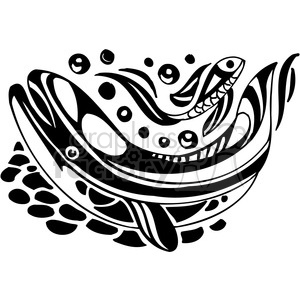 The clipart image features a stylized depiction of a whale with various decorative elements that give it the appearance of a tattoo design. The whale is centered in the composition and is surrounded by swirling water or ocean waves. The design is depicted in a high-contrast black and white color scheme, which is typical for tattoo art. There are additional details such as bubbles and possibly small fish that contribute to the underwater or undersea theme.