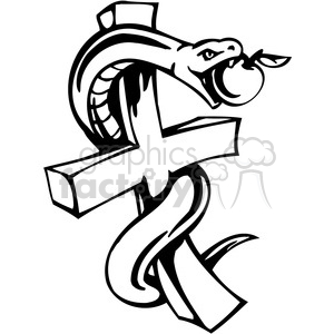 This clipart image depicts a snake wrapped around a cross, holding an apple in its mouth. The image symbolizes themes of sin and temptation in Christianity, featuring elements like the serpent, cross, and apple.