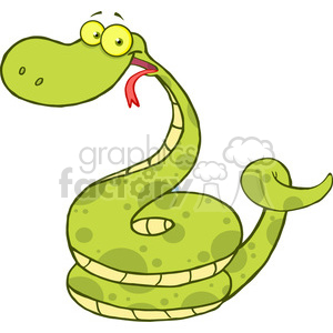   The clipart image features a whimsical, cartoonish snake with a comical expression. The snake is light green with darker green spots, and it has a large head with protruding, googly eyes, a long, red tongue sticking out, and a happy but slightly dopey smile. Its body is coiled at the bottom, and the tail curves up and ends with a playful twist. 