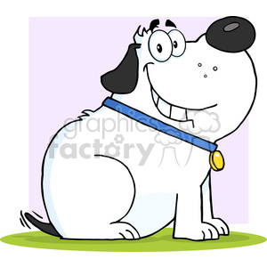 The clipart image features a comical, cartoon-style white dog with a prominent black spot over its eye. The dog is portrayed seated on a simple green ground against a pink background, wearing a blue collar with a yellow tag hanging from it. It has an exaggerated, goofy smile with a tongue sticking out slightly, and large, innocent eyes magnified comically by a pair of round eyeglasses. 