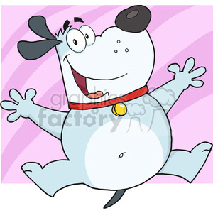 This is a clipart image of a comical animated dog. The dog appears to be jumping or dancing with joy, with a big smile on its face, its tongue hanging out, and its eyes looking excited. It has a large, round body, and is colored in shades of gray, with a darker gray spot on its back and a big black spot on its eye. The dog is wearing a red collar with a yellow tag. The background is a simple pink with diagonal lighter pink stripes.
