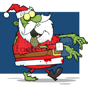 A comical illustration of a zombie Santa Claus with green skin and a traditional red outfit.