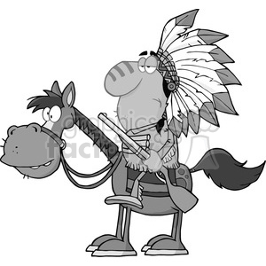 Cartoon image of a Native American warrior with a comical expression riding a horse.