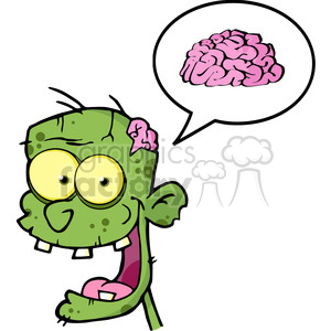 A comical green zombie with exaggerated features and a speech bubble showing a pink brain.