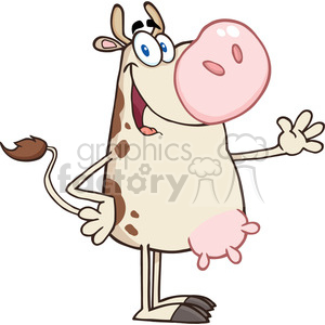 The image shows a comical cartoon cow. The cow is standing upright on two legs and has an exaggeratedly large, nose. It has a cheerful expression with wide eyes and a tongue visible, indicating a playful or silly mood. The cow has spots and a typical cow's tail, along with udders that emphasize its dairy cow characteristics.