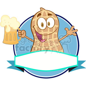 A cheerful animated peanut character holding a frothy mug of beer, placed inside a blue circular frame, with a blank label area at the bottom for customizable text.