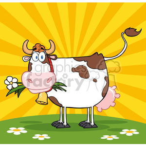 This image features a cartoon cow standing on a grassy field with flowers. The cow is white with brown spots, has a goofy expression, a big pink nose, a bell around its neck, and is holding a flower in its mouth. The background has a bright yellow, sunburst pattern.