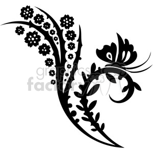 This clipart image features a black and white floral design with swirling vines and small flowers on one side, and a butterfly perched on the other side.