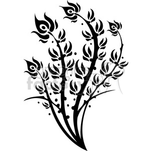 Black and white clipart of an abstract floral design featuring stylized stems, leaves, and flower buds.