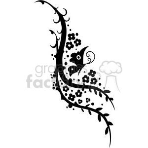 A black and white clipart image featuring a stylized floral design with small flowers and winding leaves. The design includes an abstract, whimsical bird-like shape incorporated into the pattern.