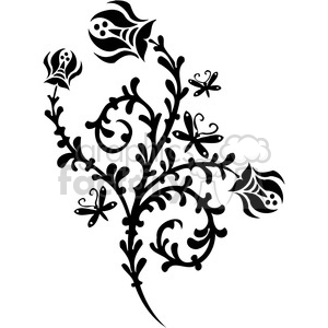 A black and white clipart image featuring an intricate floral design with curling vines, flowers, and butterflies.