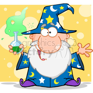 A whimsical cartoon wizard with a long white beard and a blue hat decorated with yellow stars and moons, holding a bubbling potion in a flask.