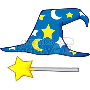 A colorful clipart featuring a blue wizard's hat with yellow stars and moons, accompanied by a star-shaped magic wand.