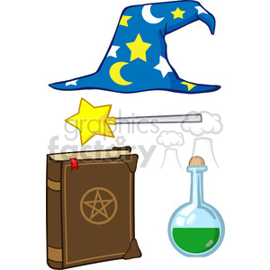 Clipart of wizard-related items including a blue wizard hat with stars and moons, a magic wand with a star tip, a spell book with a pentagram, and a potion bottle containing green liquid.