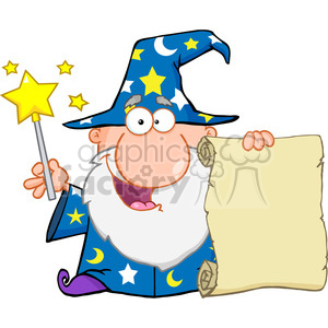 A cheerful cartoon wizard holding a magic wand with a star on top in one hand and an old parchment scroll in the other. The wizard is dressed in a blue robe and hat adorned with yellow stars and crescent moons.