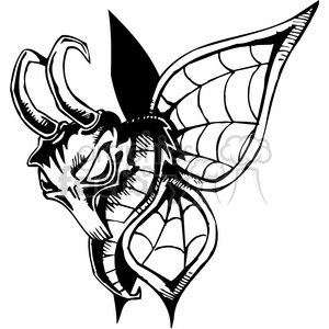 The clipart image depicts a stylized, aggressive-looking moth or butterfly with prominent features such as exaggerated mandibles or tusks, sharp lines, and angular wings that give it a wild and somewhat menacing appearance. The design is black and white, making it suitable for vinyl cutting or tattoo applications where strong contrast and clear lines are desirable.