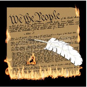 Clipart image of the United States Constitution burning, with the text 'We the People' visible and flames surrounding the edges.