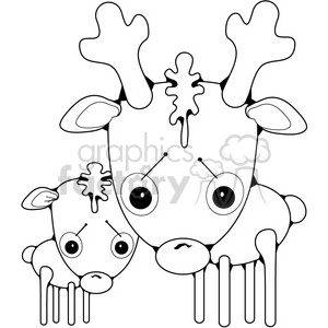 A cute black and white clipart illustration of two cartoon reindeer with large eyes and simplistic features.
