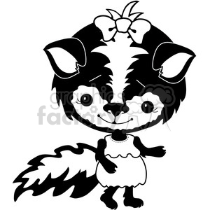 A cute cartoon-style skunk character wearing a dress and a bow on its head.