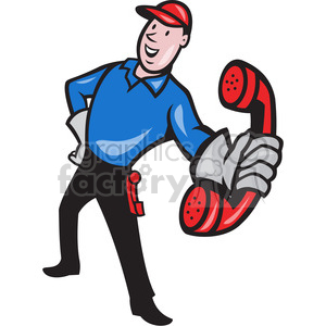 A clipart image showing a cheerful service worker in a blue uniform and red cap holding a large red telephone receiver.