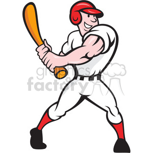 A clipart image of a baseball player in a white uniform, red cap, and red socks, poised to swing a yellow bat.