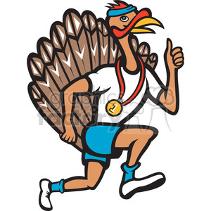 Clipart image of a cartoon turkey dressed as a runner. The turkey is wearing a white t-shirt, blue shorts, sneakers, and a headband. It has a gold medal around its neck and is giving a thumbs up while running.