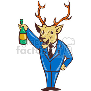 Clipart image of a cartoon deer dressed in a blue suit holding up a green bottle.