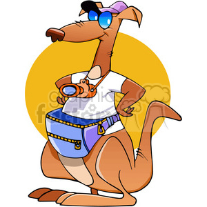 A cartoon kangaroo wearing a white t-shirt, purple cap, blue sunglasses, and a blue fanny pack, with an orange camera around its neck.