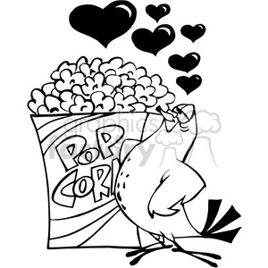 pigeon in love with a box of popcorn in black and white