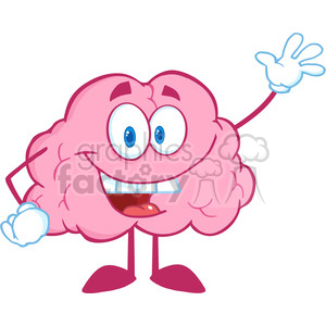 The image is a cartoon representation of a happy anthropomorphic brain. It is standing upright on two legs, with one arm raised in a friendly wave. The brain has two big eyes with blue irises and is smiling, showing its tongue slightly.