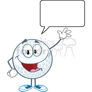   5715 Royalty Free Clip Art Happy Golf Ball Cartoon Character Waving For Greeting With Speech Bubble 