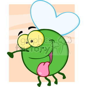  This clipart image features a stylized, cartoon-like representation of a funny insect. The insect is green with large, round, yellow eyes and a big, pink tongue sticking out. It has one large, white wing visible, which suggests that it could be a whimsical interpretation of a fly. The background is a simple, light peach color with subtle horizontal lines. 