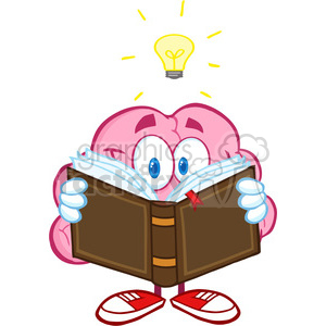 5841 Royalty Free Clip Art Smiling Brain Cartoon Character Reading A Book Under Light Bulb