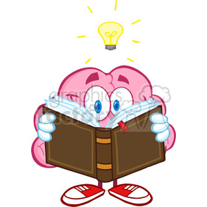   5841 Royalty Free Clip Art Smiling Brain Cartoon Character Reading A Book Under Light Bulb 