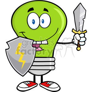 6029 Royalty Free Clip Art Green Light Bulb Guarder With Shield And Sword1