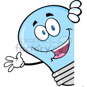   6059 Royalty Free Clip Art Blue Light Bulb Cartoon Character Waving Behind A Sign 